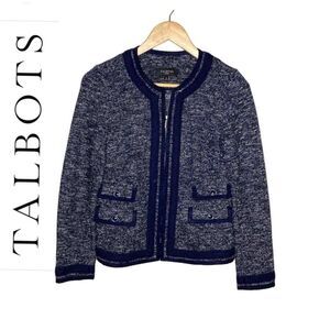 TALBOTS Women Size 4 Navy and White Tweed Braided Trim Jacket Chanel Style